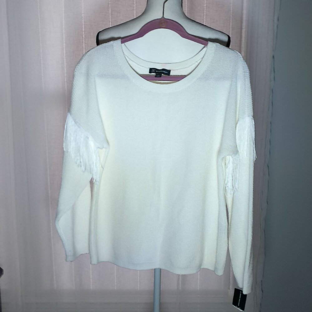 INC International Concepts NWT Long Sleeve w/Fringe Scoop Neck White Sweater L